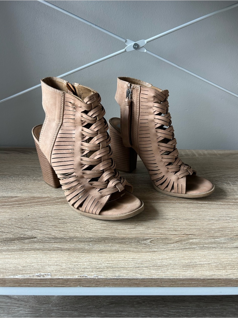 DV by Dolce Vita Tan Woven Peep-Toe High Heel Booties - Picture 3 of 8